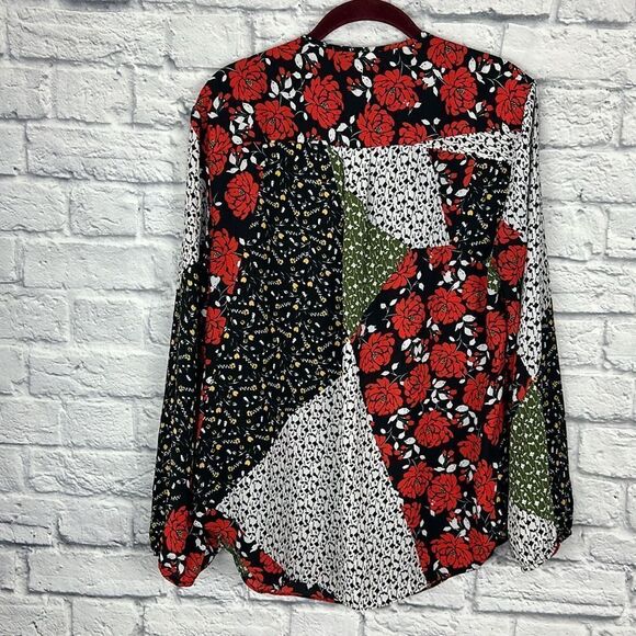 Libby Edelman Mixed Patchwork Floral Lace Up Front Long Sleeve Blouse Size Large - Picture 8 of 10